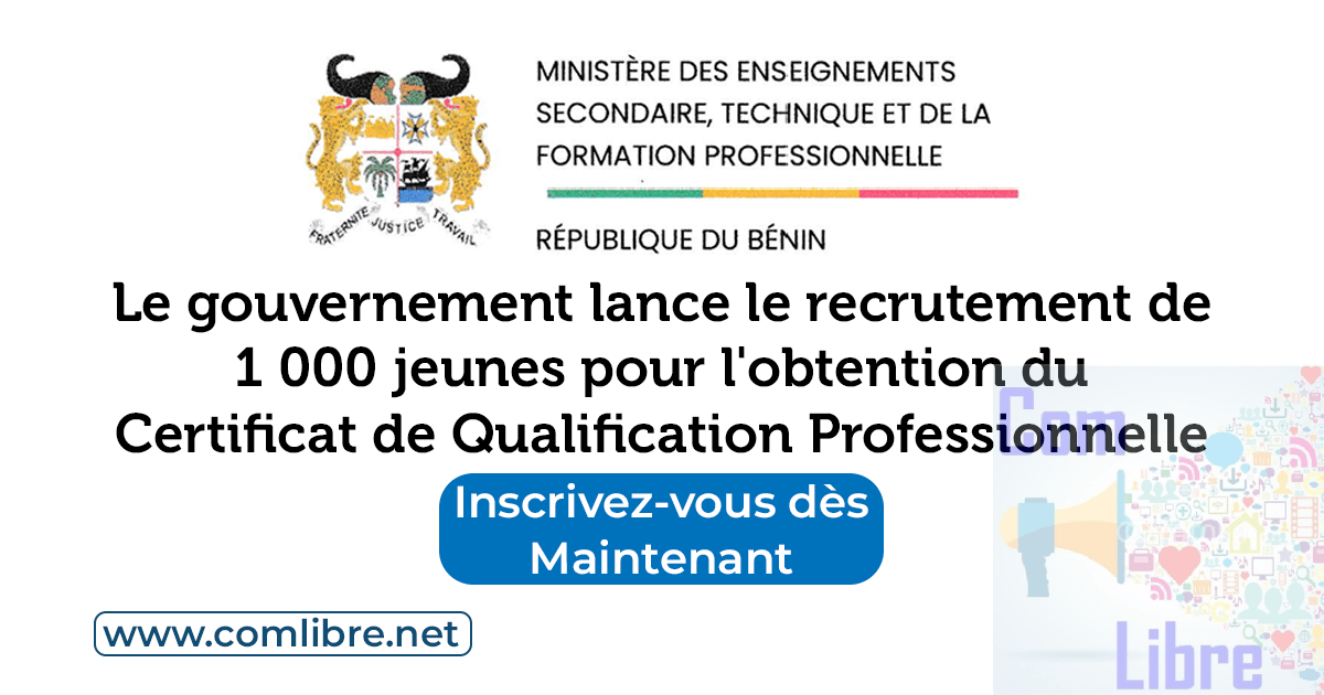 Insertion professionnelle au Bénin : Le gouvernement lance le recrutement de 1 000 jeunes pour l'obtention du Certificat de Qualification Professionnelle (CQP)