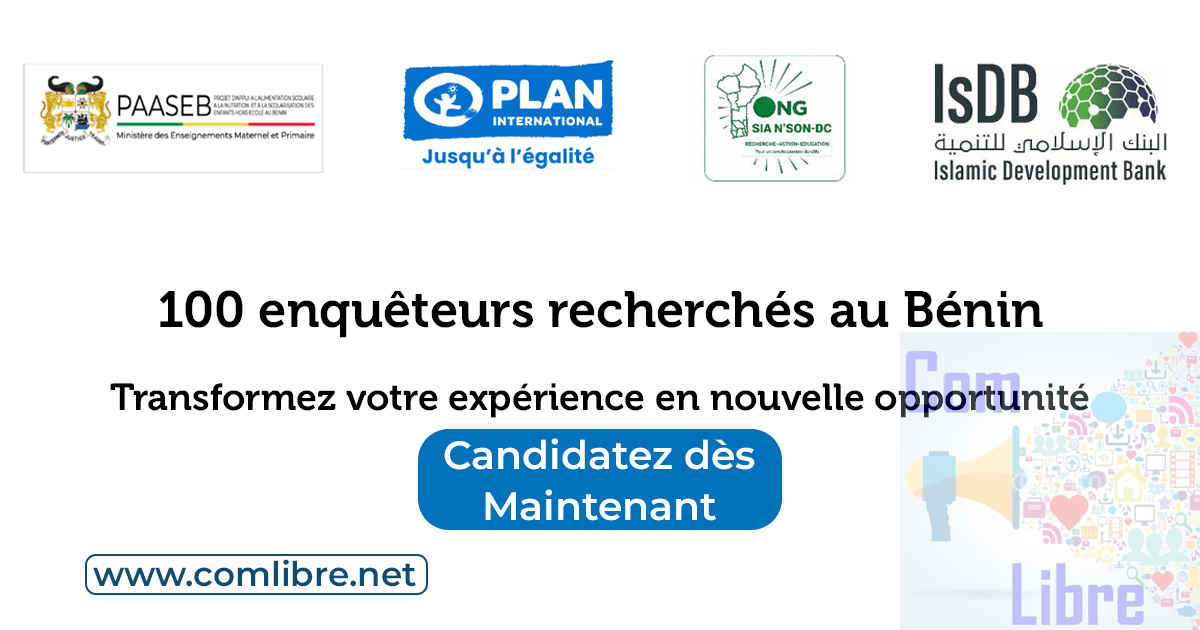Plan International recrute 100 enquêteurs au Bénin pour une mission de collecte de données