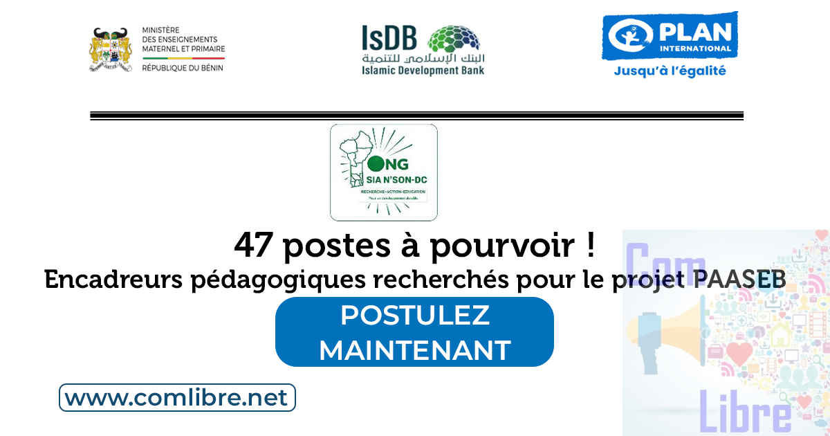 Recrutement de 47 encadreurs pédagogiques dans le cadre du projet PAASEB